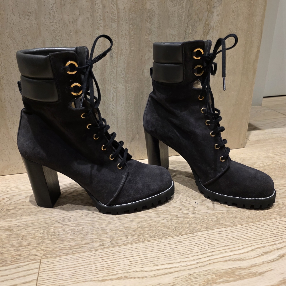 Stuart Weitzman The Kingsley Lace Up Boot Size 11 Dark Grey Suede Leather